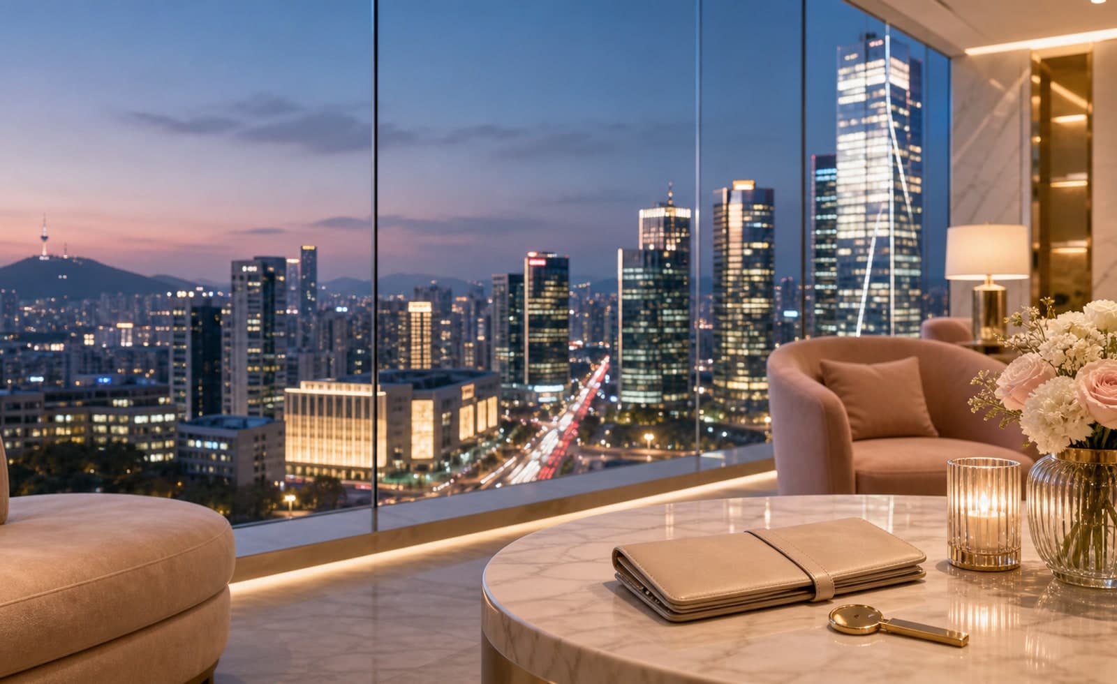 An illustrated Seoul city view from a quiet lounge