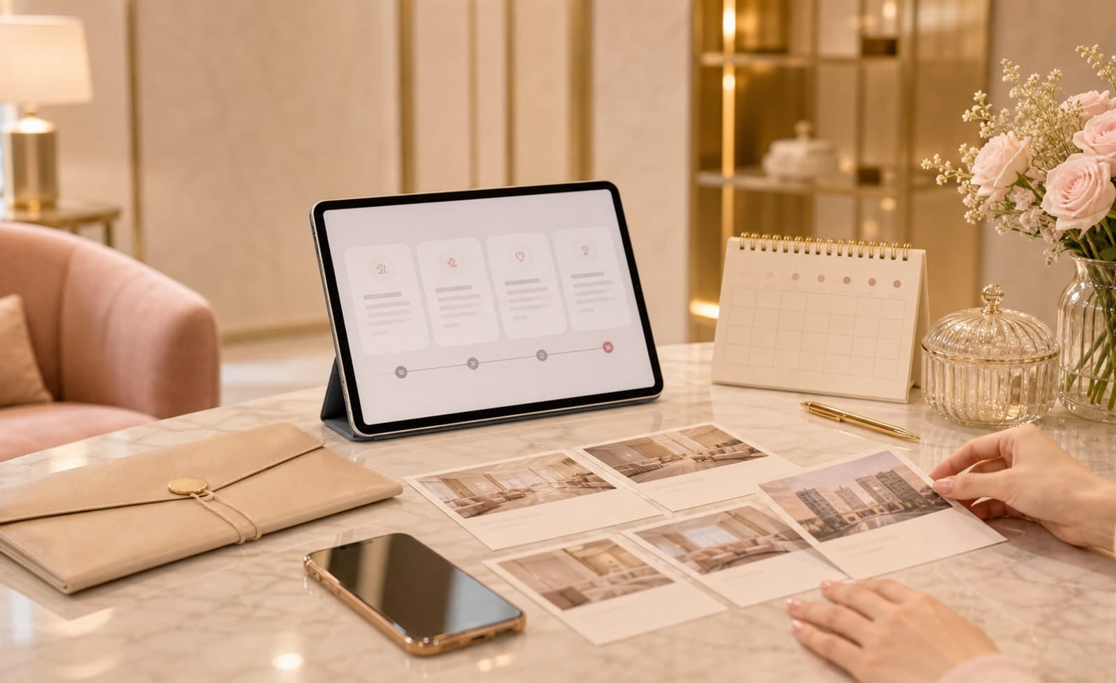 An illustrated planning desk with a calendar and itinerary